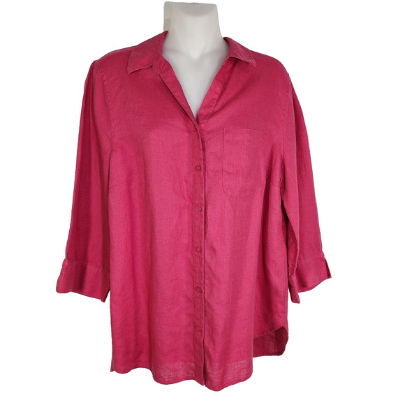 Chico's Womens Shirt Size 1 US 8/10 100% Linen 3/4 Length No Iron Button Up Pink - Picture 1 of 9